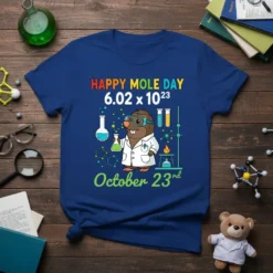 Happy Mole Day 6.02 x 10^23 October 23rd t-shirt design featuring a cartoon mole in a lab coat with beakers